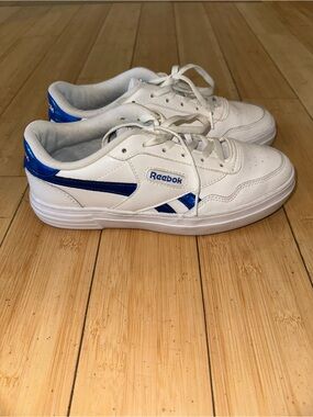 Reebok White Sneakers with Blue Metallic Stripes